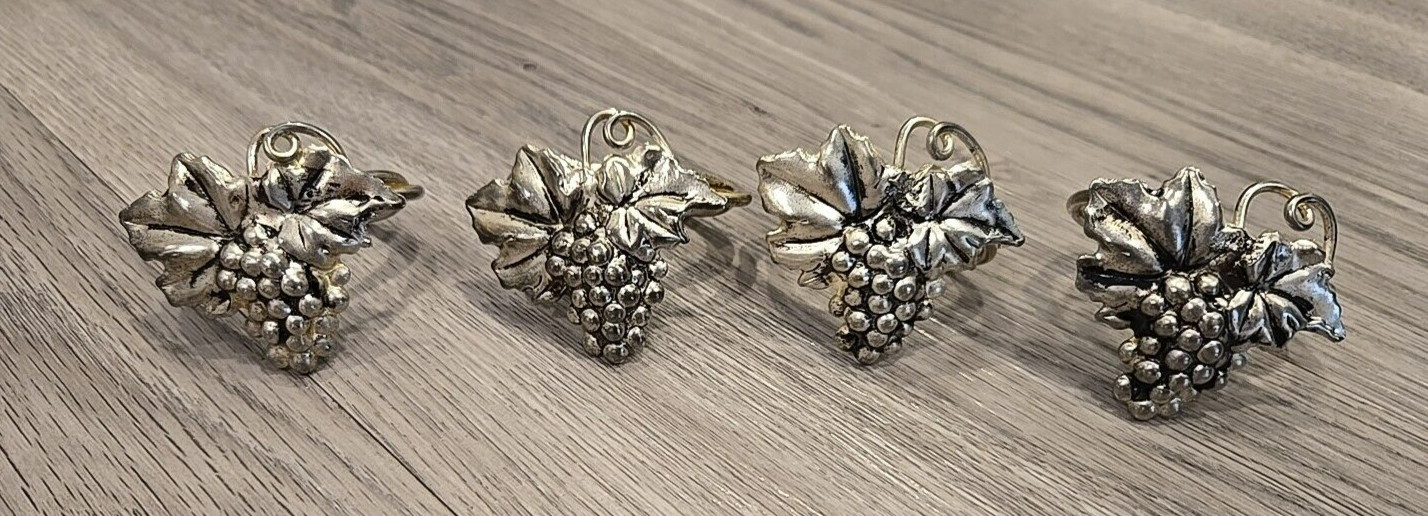 4 Vintage Silver Metal Wine Grape Vine Decor Cloth Napkin Rings Dinner Table
