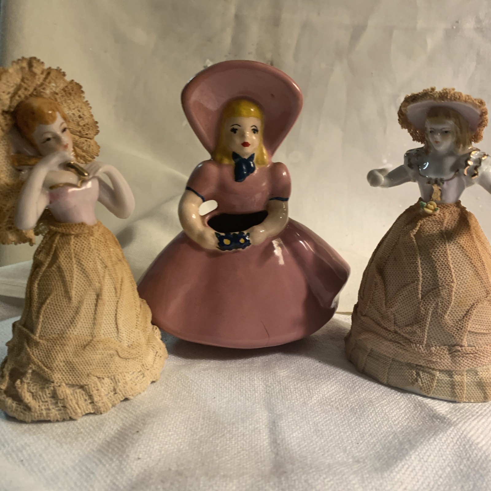 Vintage Mid-Century Lady Planter & Porcelain Lace Figurine Lot (3 Pieces)