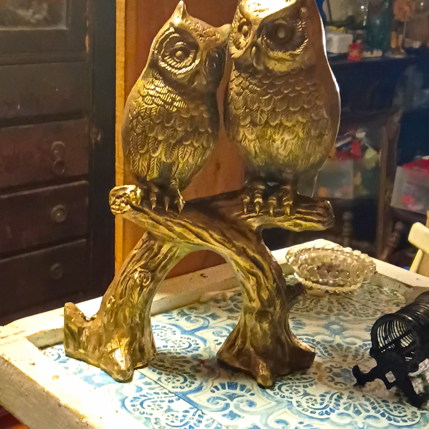 Vintage Brass Owls on Branch Statue MCM Mid Century Modern Owl Figurine 14in