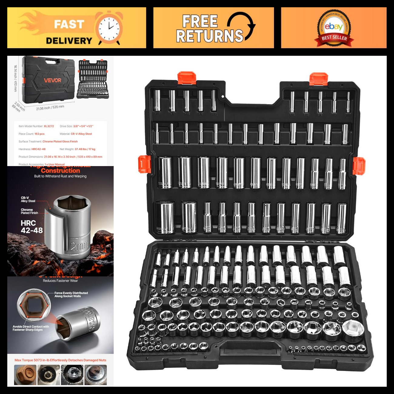 VEVOR Socket Set, 163 Pieces, 3/8 & 1/4 & 1/2 inch Drive Socket Tool Set, SAE an