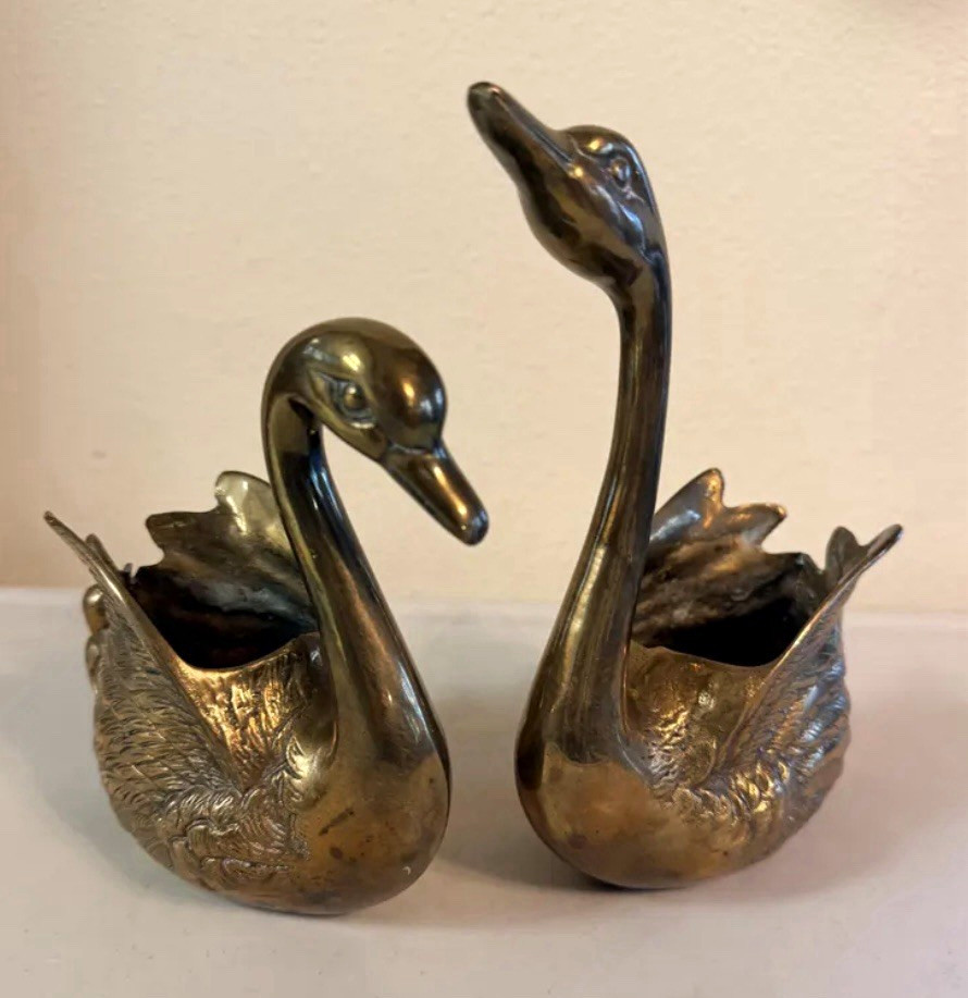 Vintage MCM Brass Swan Bird Planters Collectible Swan Figurine Set