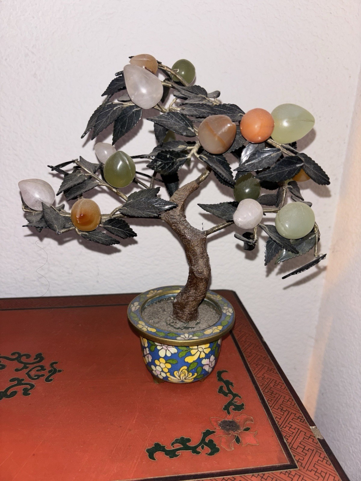 Antique Vintage Chinese Jade Bonsai Tree in Cloisonne Flower Pot
