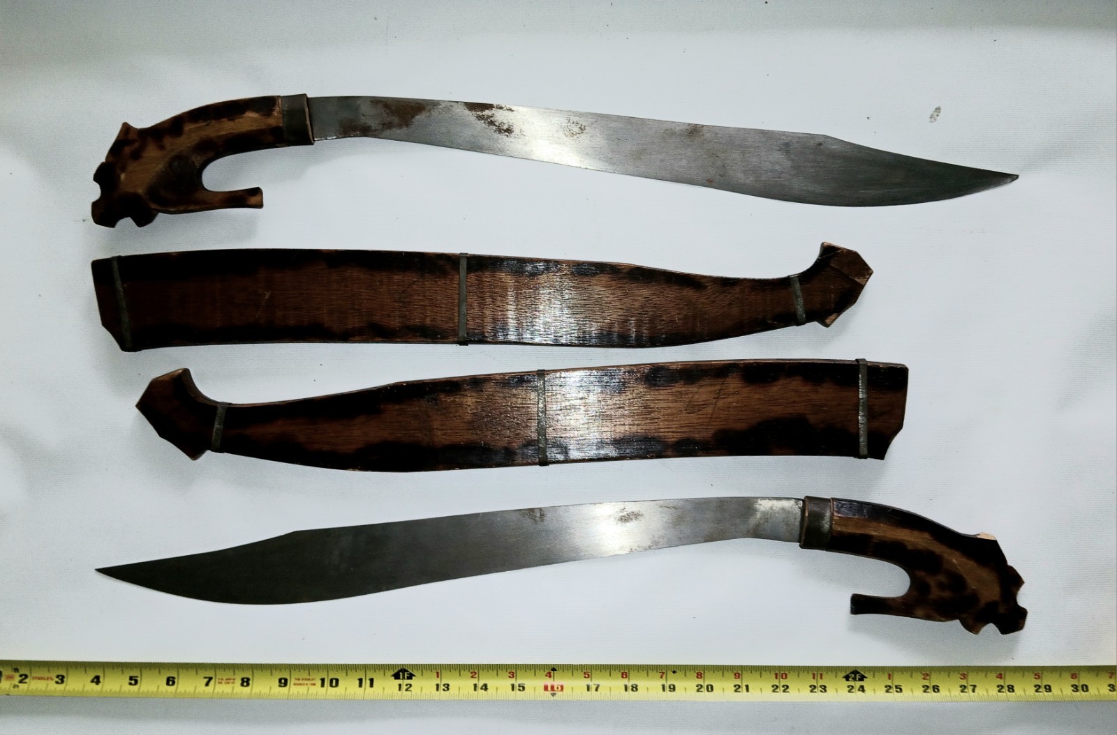 Antique Filipino Swords Pair Double Philippine Moro 1965-66 Wooden Scabbard