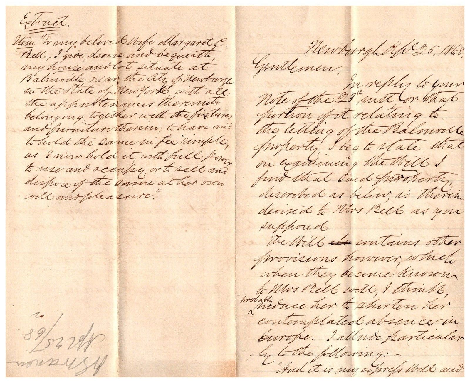 1868 Letter Signed W E Warren ? Newburgh New York to George + Fenton NY