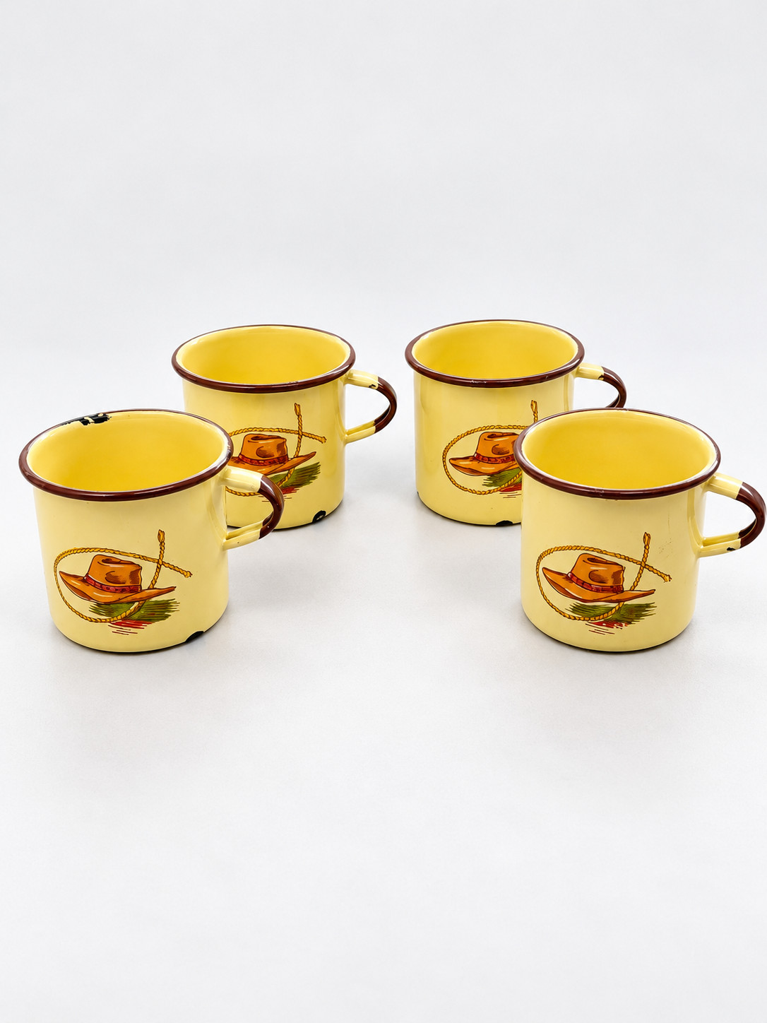 Set of 4 Vintage Monterrey Western Ware Enamel Mugs Cowboy Hat Lasso Graphics
