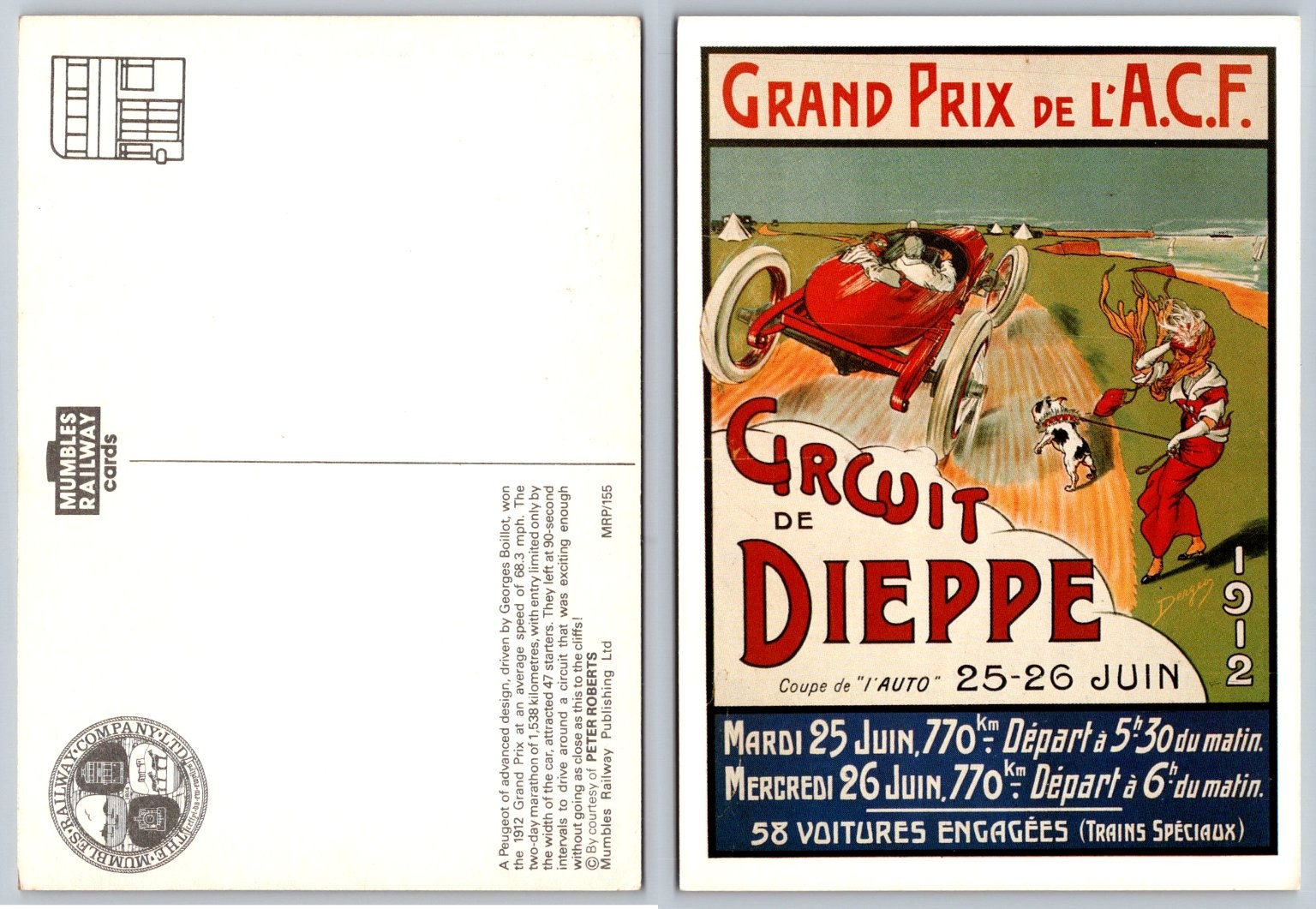 1912 Grand Prix Dieppe France Auto Racing Poster Art Postcard Peugeot Boillot