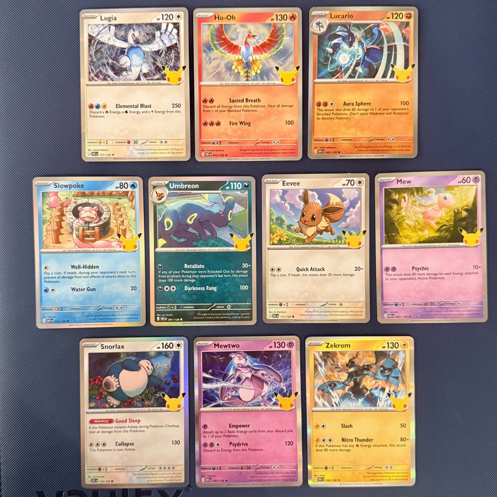 Pokemon 30th Anniversary Mewtwo 063/128 Mew Lugia Zekrom Eevee 10 Card Lot NM/LP
