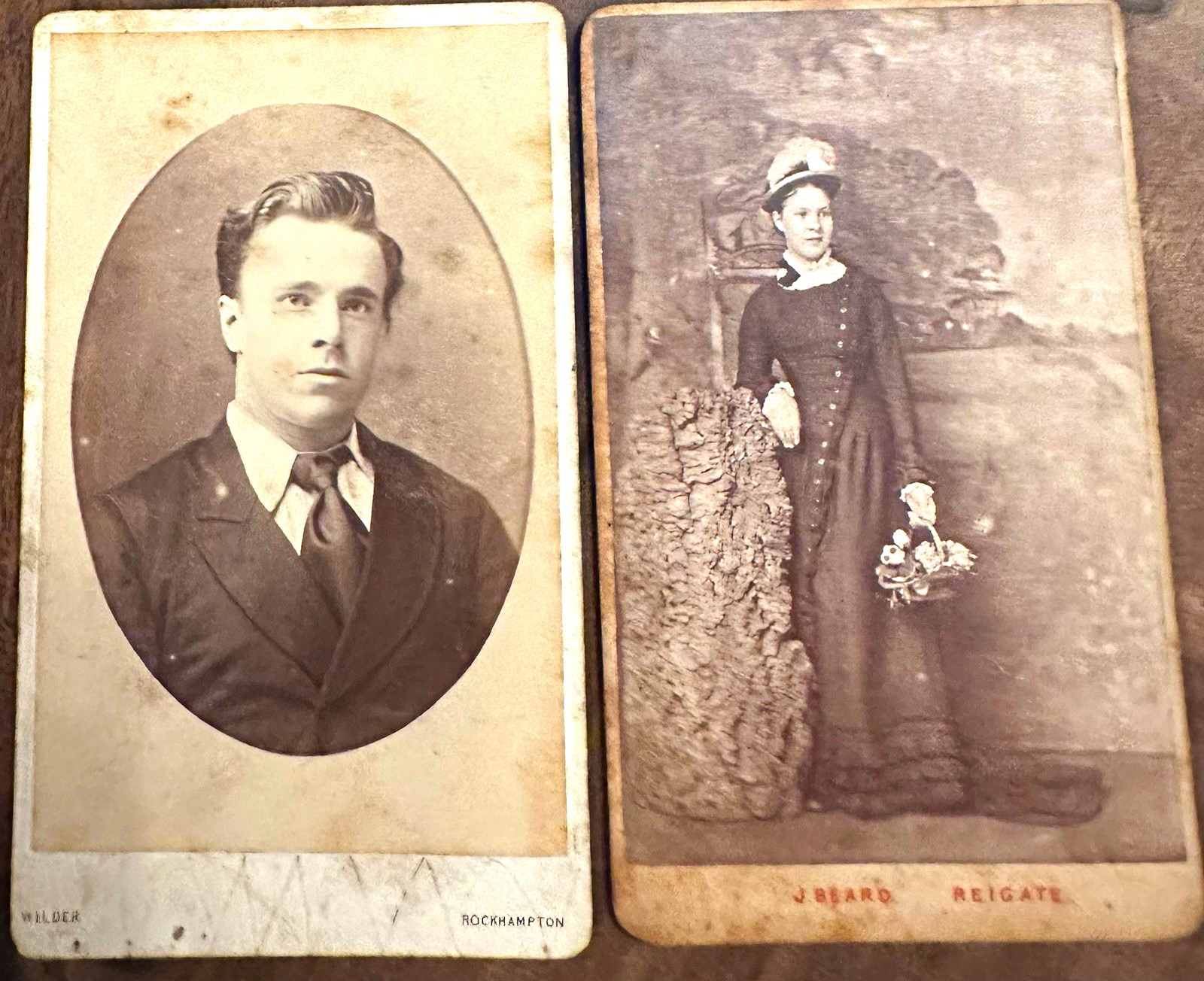 2 Antique Victorian CDV Photos 1878 Australia & Reigate Surrey Named Portrait