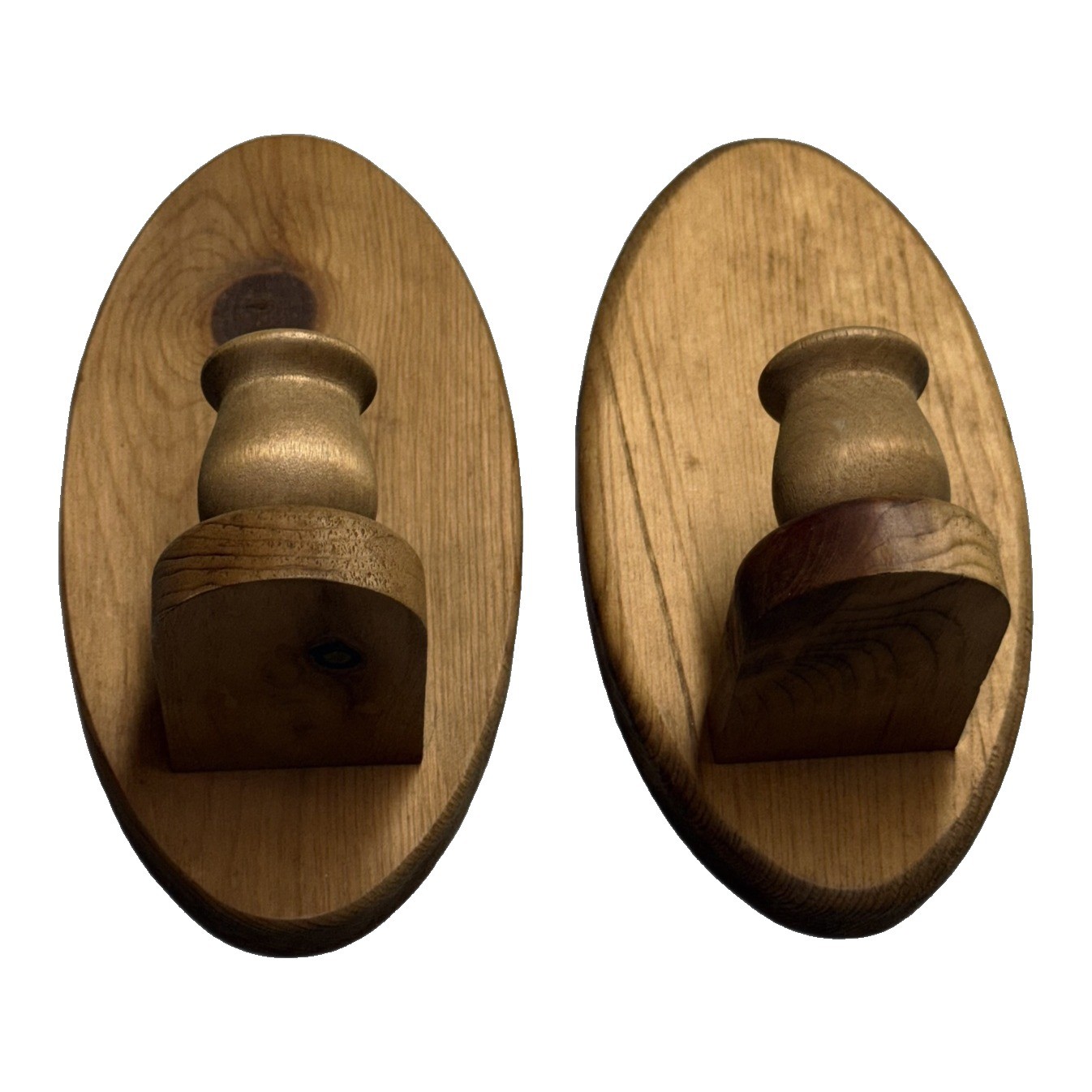 Vintage Pair Wood Wall Sconces Candle Holders Oval Pine Rustic Farmhouse Set 2