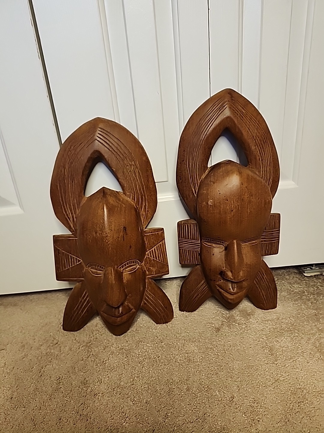 Vintage 1978 Hand-Carved Senufo Kpelie African Masks - Signed \