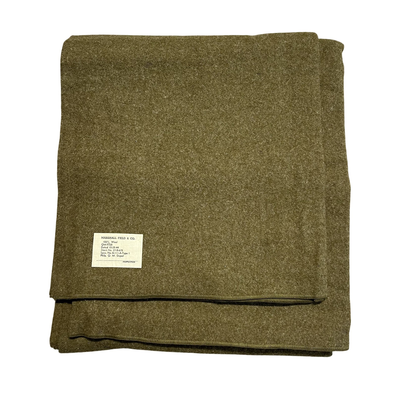 Vintage 1944 Marshall Field US Army Wool Blanket Olive Drab WWII Military USA