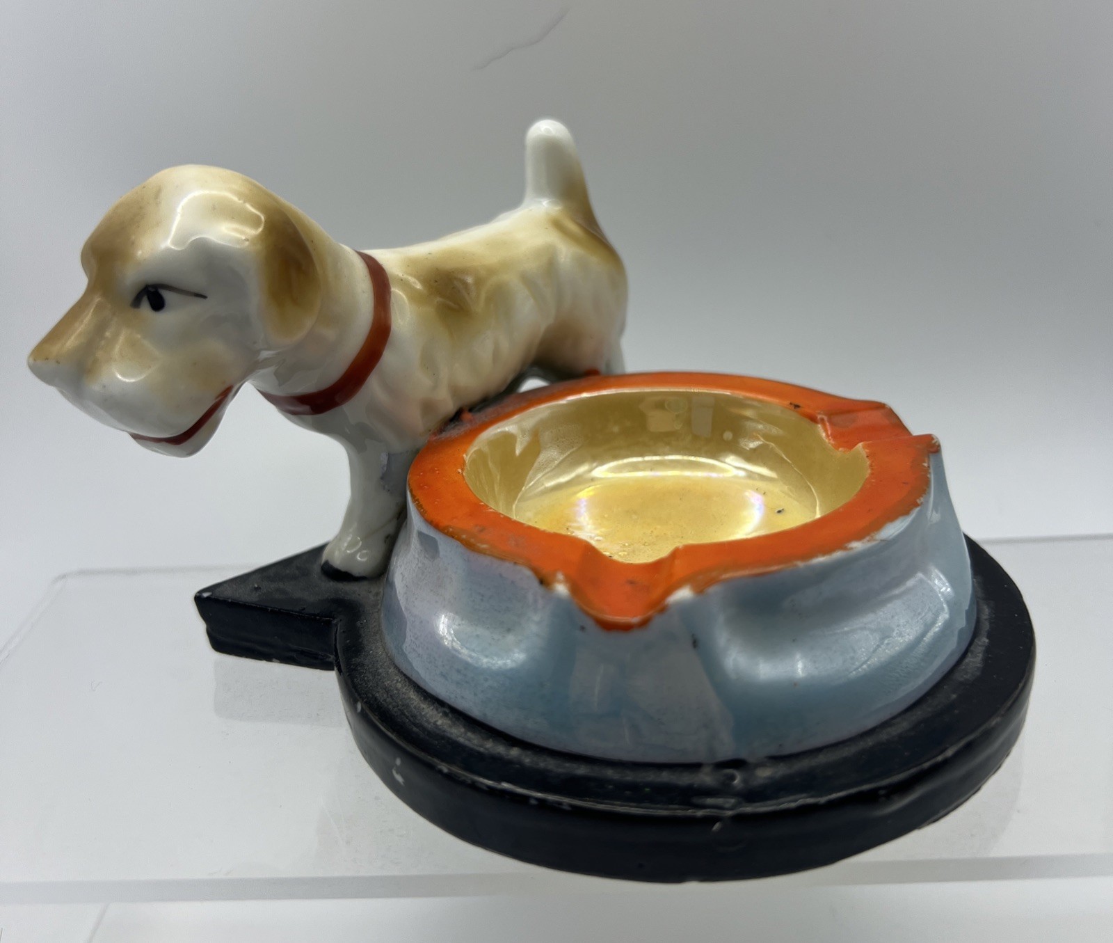 Vtg 1960\'s  Ceramic Terrier Dog Ashtray Made in Japan Trinket Dish Orange Blue
