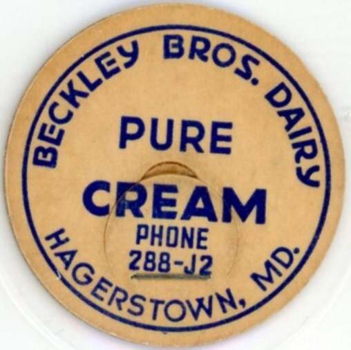 Milk Bottle Cap - Beckley Bros. Dairy - Hagerstown, MD (Maryland) - PHONE 188-J2
