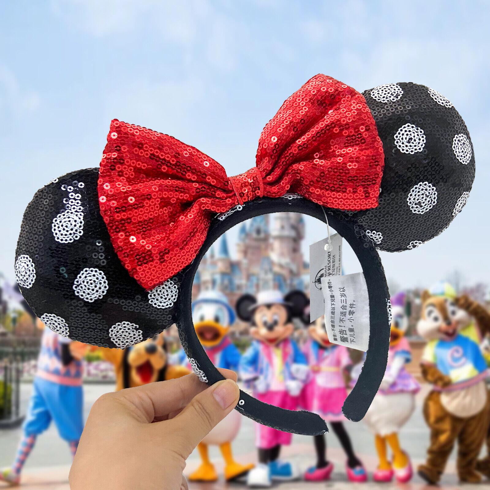 2x Disney Park Polka Dot Red Bow Minnie Mickey Mouse Sequin Black Ears Headband