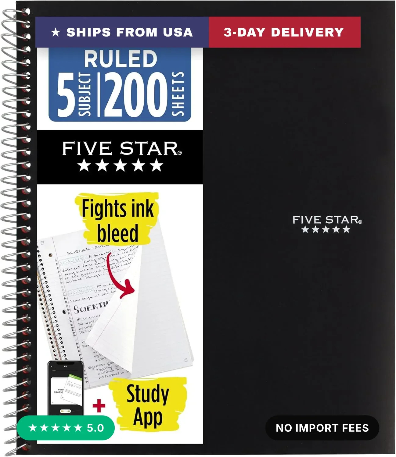 Five Star Spiral Notebook + Study App, 5 Subject, College Ruled Paper, 8-1/2