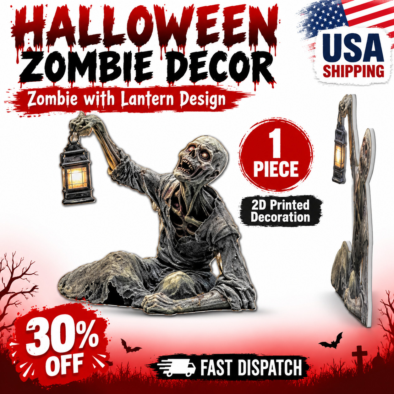 1Pc Halloween Zombie Crawling Horror Decor, Scary 2D Lights Zombie Holding Lant