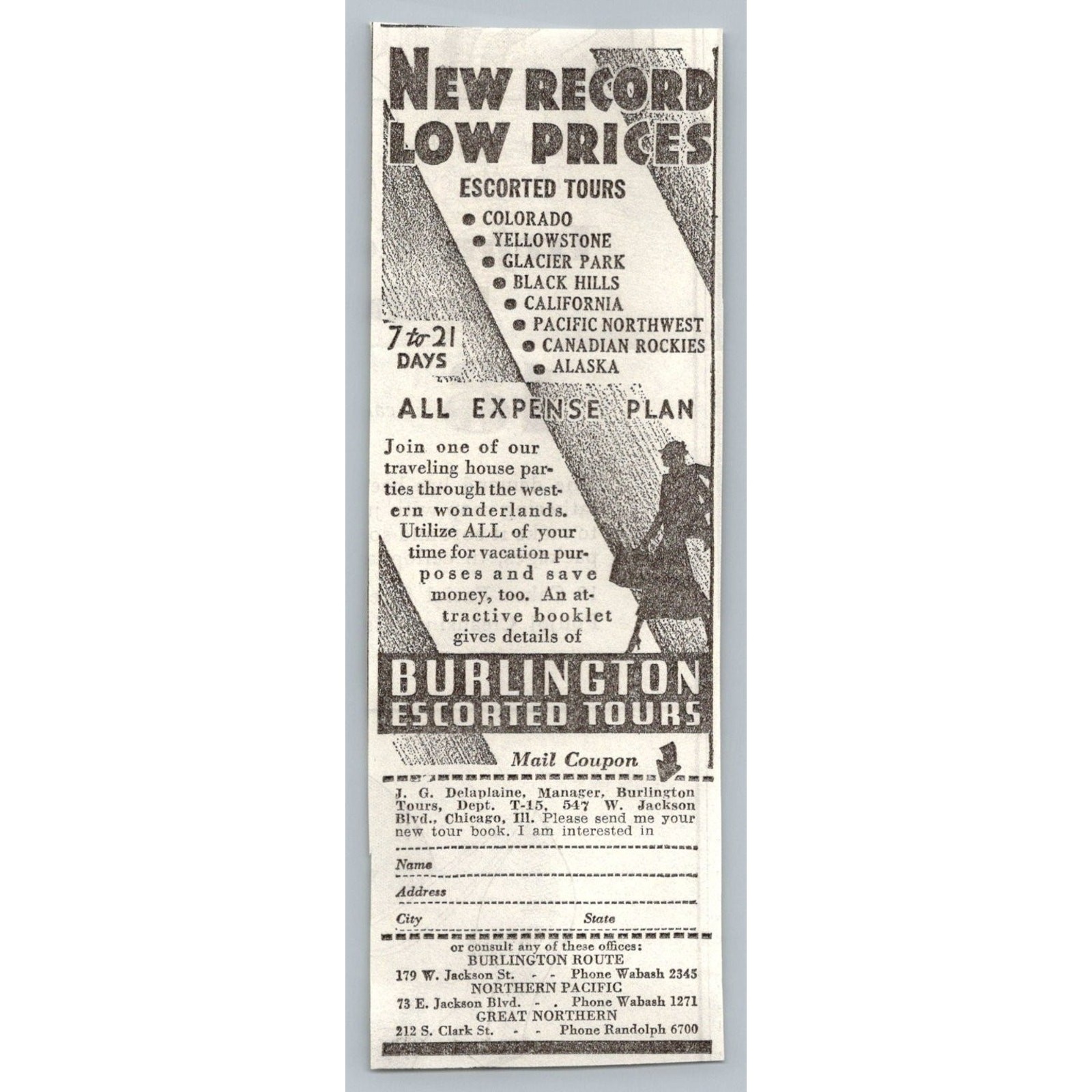 1933 Burlington Route Escorted Tours Print Ad Chicago Travel Ephemera Railroad