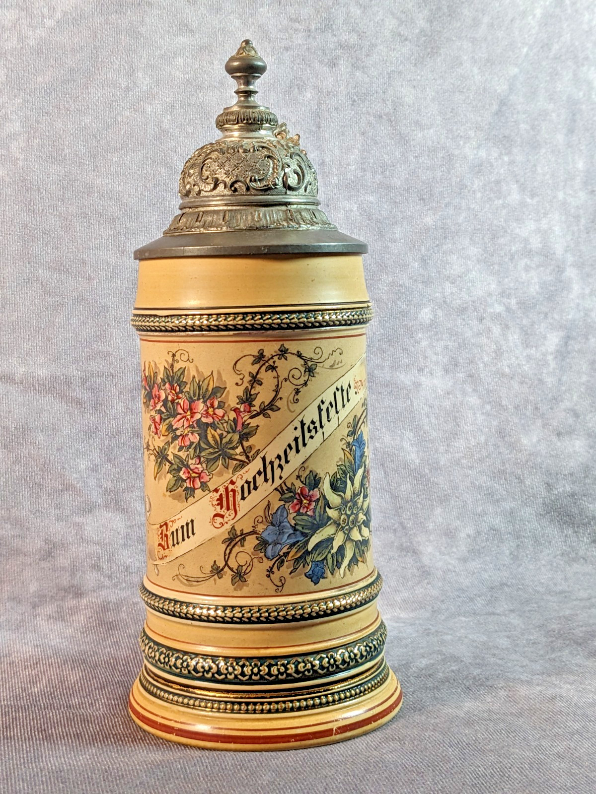Antique German Pottery Beer Stein Zum Hochzeitsfeste Alpine Floral 1/2L Lidded