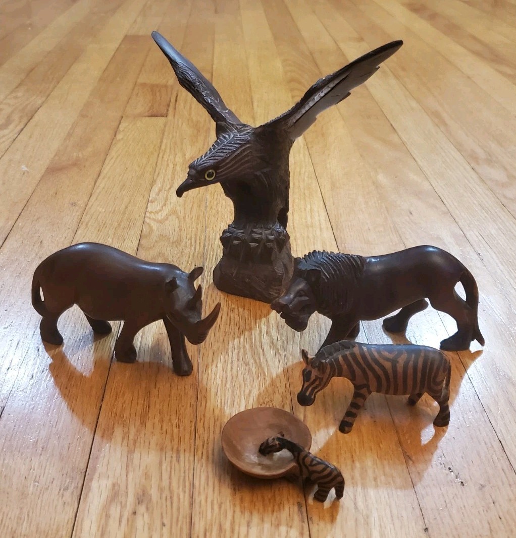 Vintage Hand Crafted Carved Wood Animals Folk Art Zebta Rhino Lion Eagle