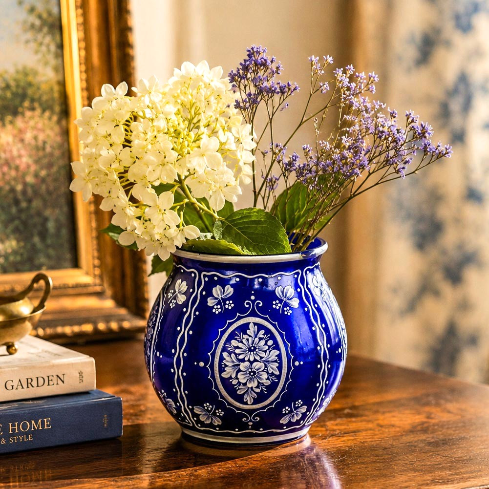  Charming Small Vintage Blue and White Hand Applied Glass Vase Floral Design 