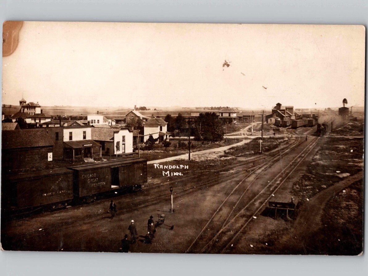 c1910 Birds Eye Chicago Western Trains Depot Stores Randolph Minnesota MN RPPC