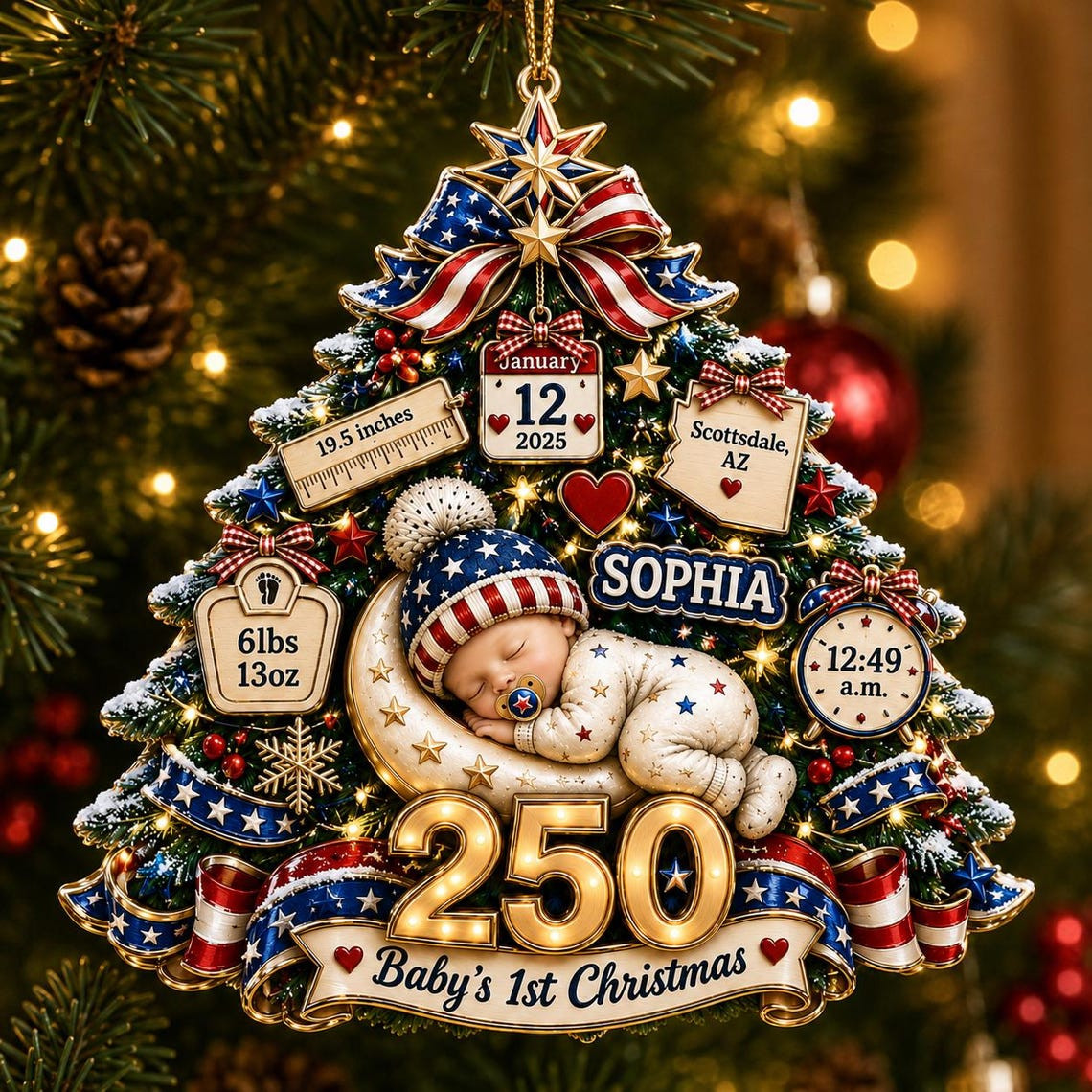 Personalized Baby\'s 1st Christmas America 250th Anniversary 2D Ornament Gift