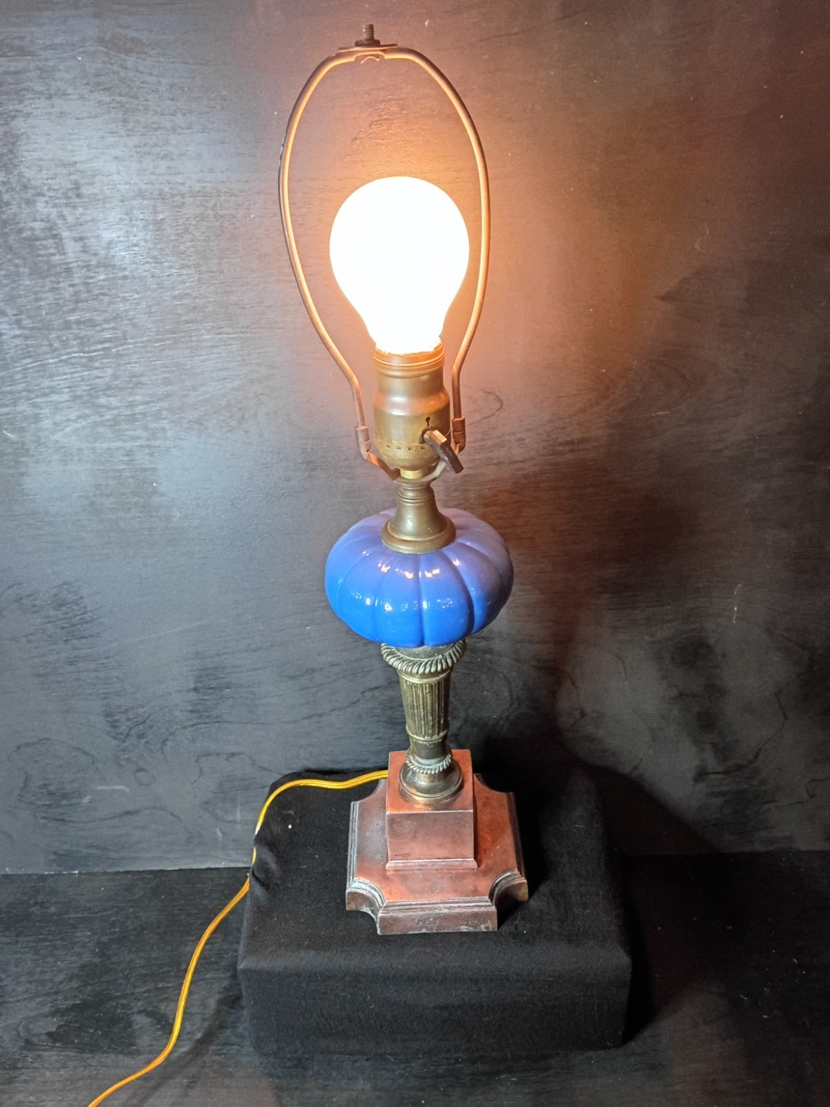 Antique Brass Copper Blue Glass Lamp W/ Original Bryant Hardware 1900s Rewired 