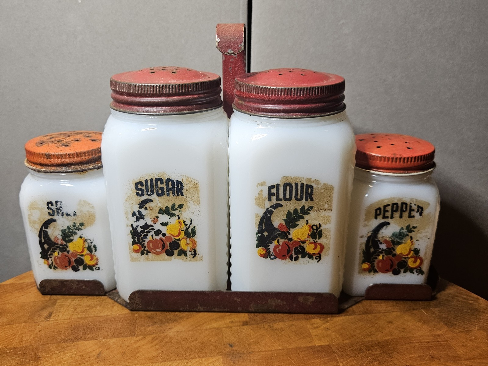Depression Era 1930s Milk Glass Range Spice Jar Shaker Set In Metal Caddy.