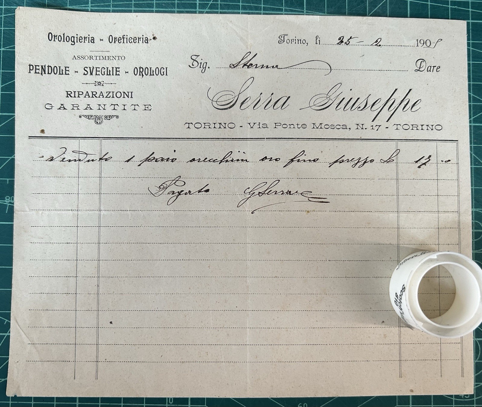 Rare Watchmaking Invoice SERRA Giuseppe-Via Ponte Mosca 17-Turin 1908