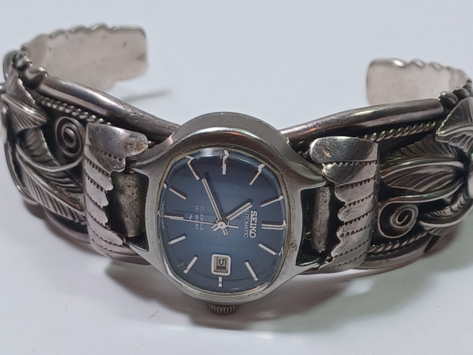 Sterling Silver Native American Style Cuff Watch by KV  w/ Seiko Watch JB7A