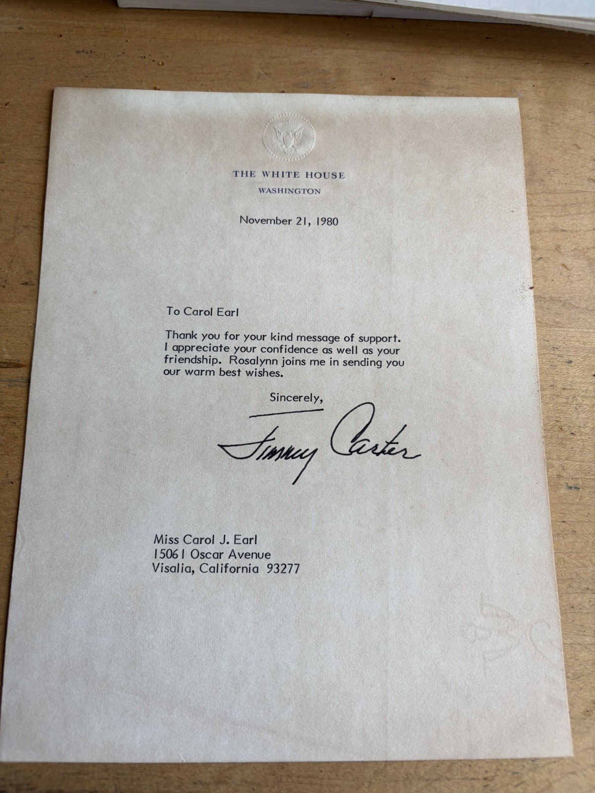 President Jimmy Carter Signed White House Letter Full Signature 