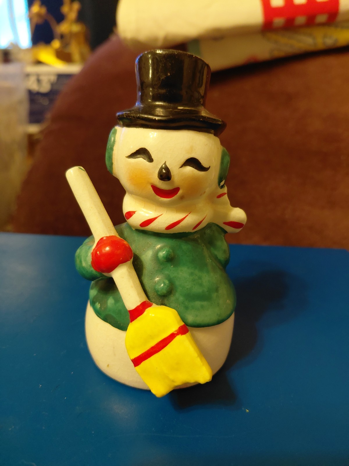 Vtg Ucagco Japan Christmas Snowman W/ Broom Bell Figurine Holt Howard Era Cute