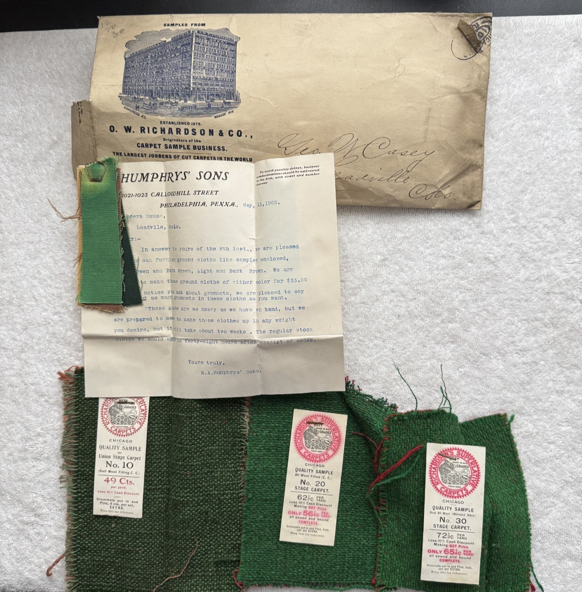 1905 Leadville CO Elks Opera House Stage Carpet Samples Letters Antique