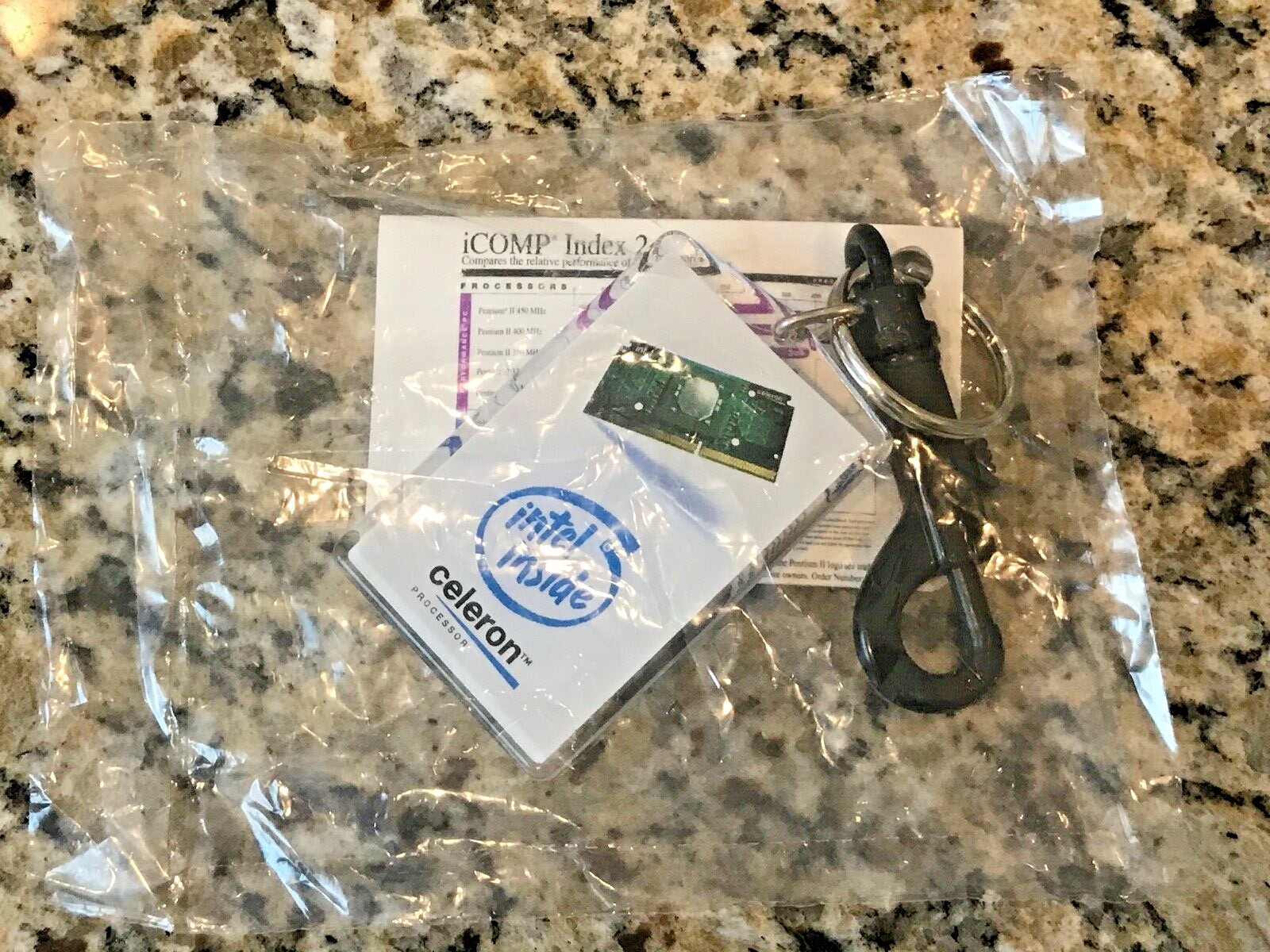 Vintage 1998 Intel Celeron keychain iCOMP index marketing collateral w/clip NEW
