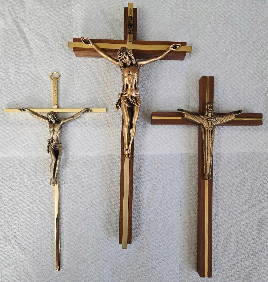 Lot of 3 Christianity Wood, Brass, & Metal Crucifix Wall Crosses w/ INRI Plaque