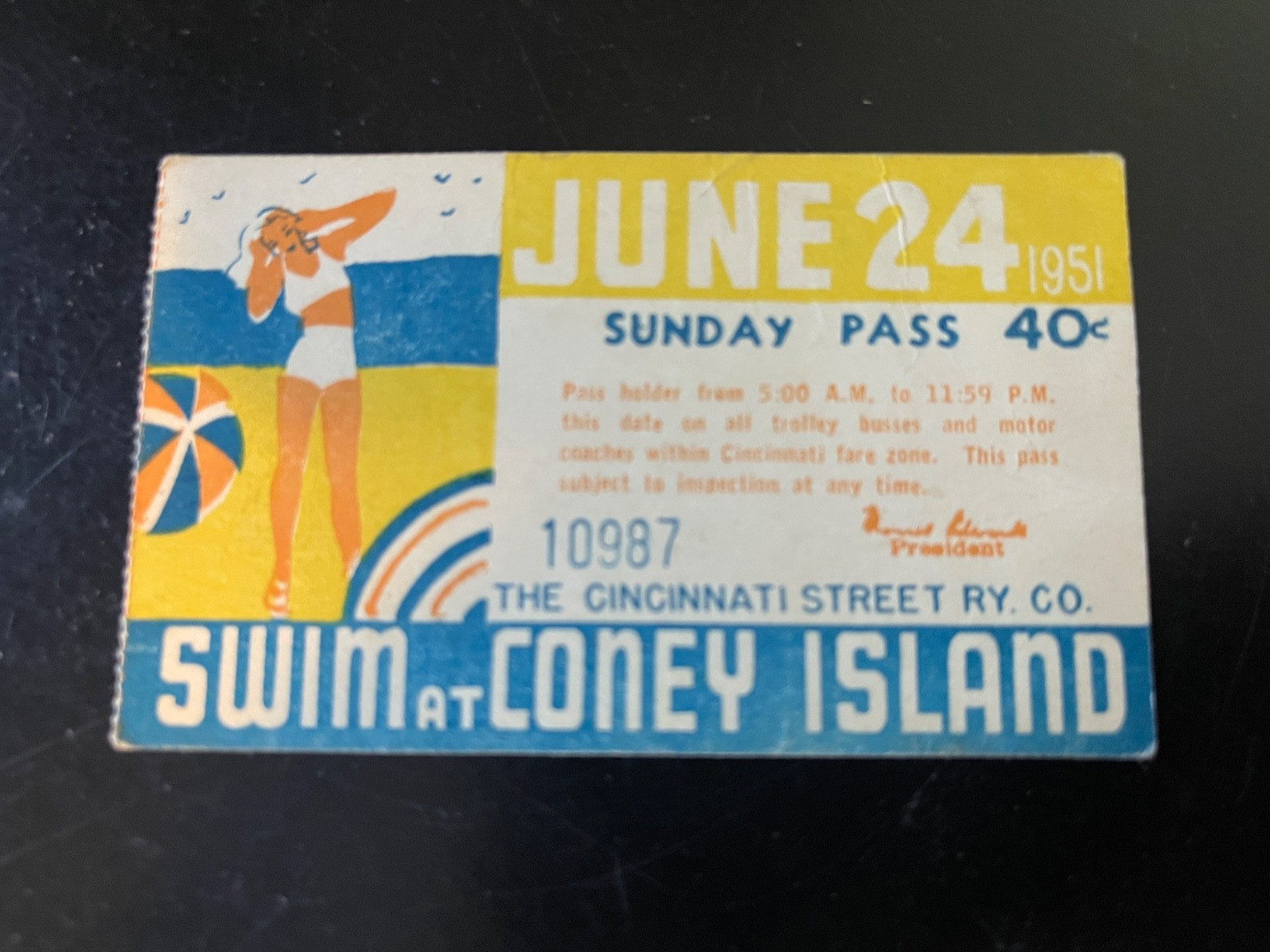 trolley street car pass ticket Cincinnati Street railway 1951 Coney Island