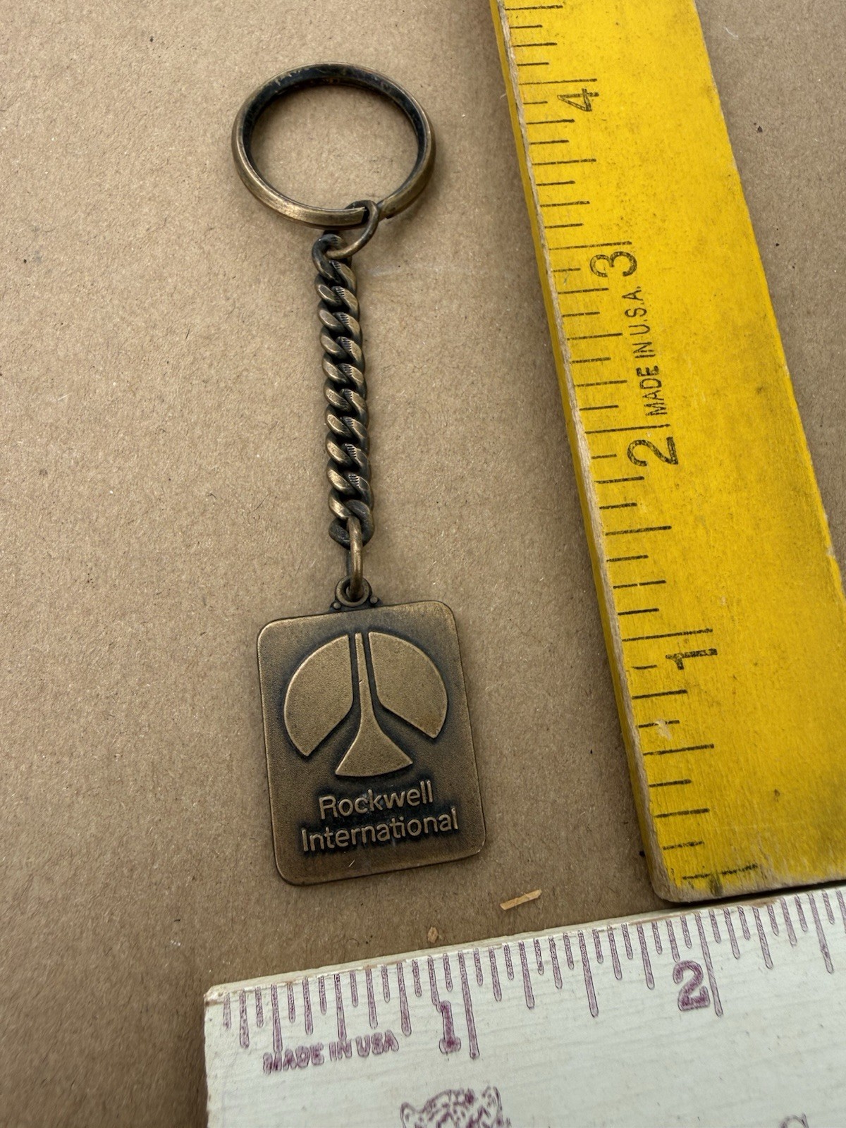 ROCKWELL INTERNATIONAL Old Vintage Metal Keychain Key Ring Fob Brass? Pewter?
