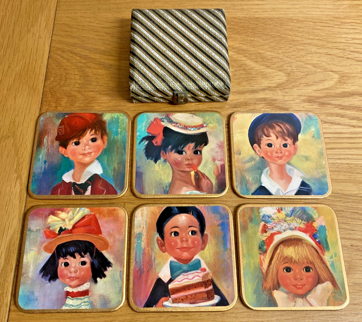 ** Vintage 1960\'s Win-El-Ware Big Eyed Children Coasters Set of 6 Boxed **