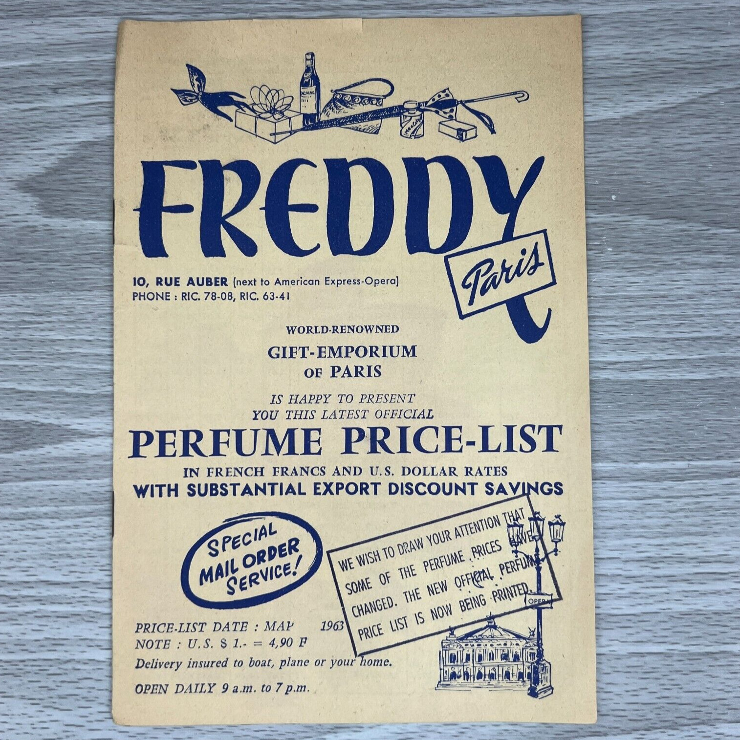 Vtg Paris France Brochure Rue Auber Freddy Perfume Price List Gift Guide Travel