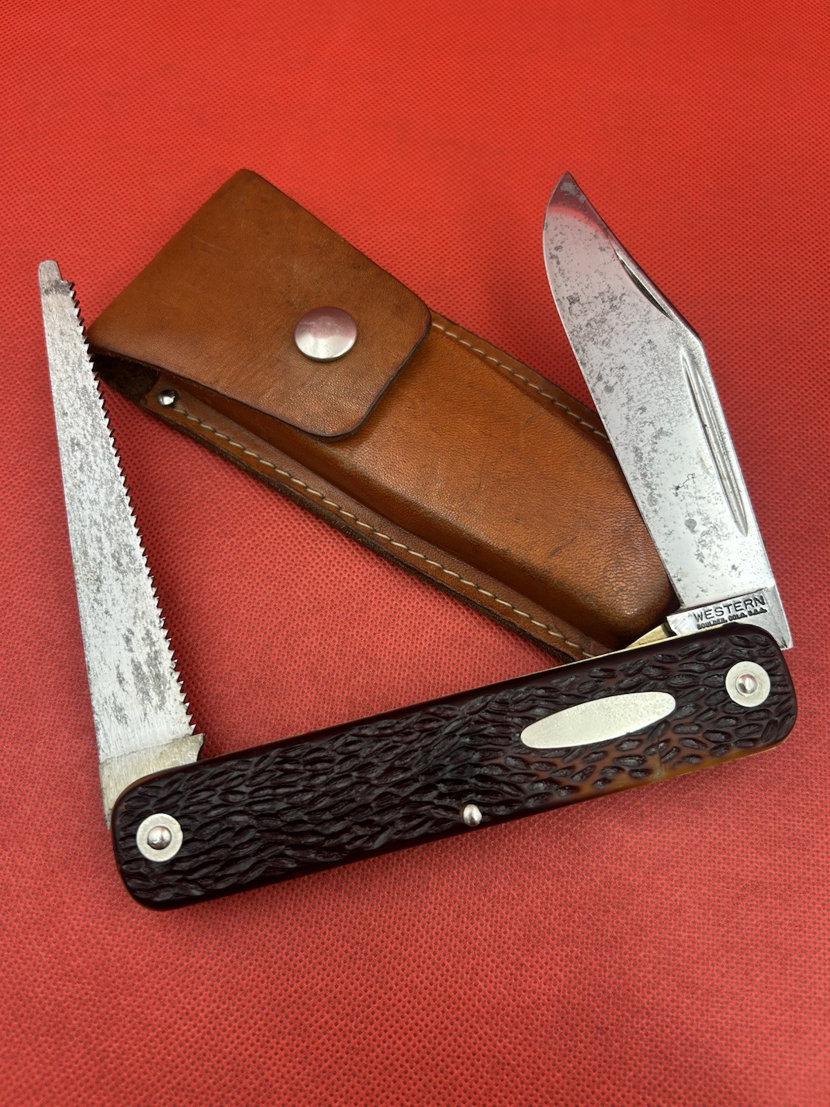 🔪MASSIVE VINTAGE WESTERN 932 POCKET KNIFE/SAW, W-LEATHER POUCH