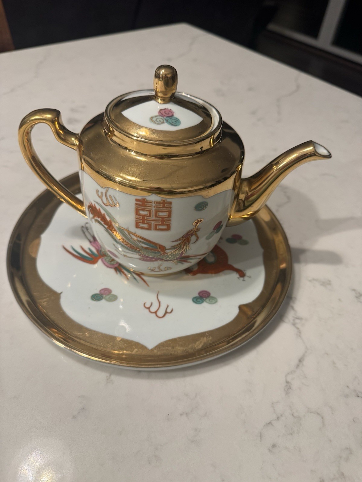 Vintage Chinese Double Happiness Dragon Phoenix Tea Set Gold Gilt Teapot Tray