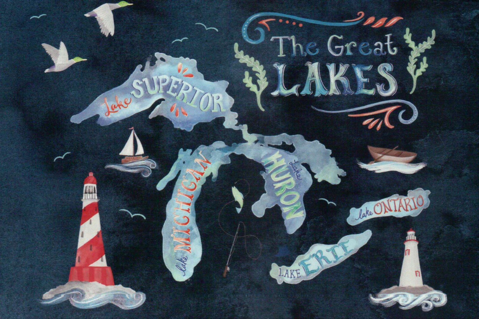 Map of the Great Lakes, Lake Huron Ontario Michigan Erie Superior, LH - Postcard