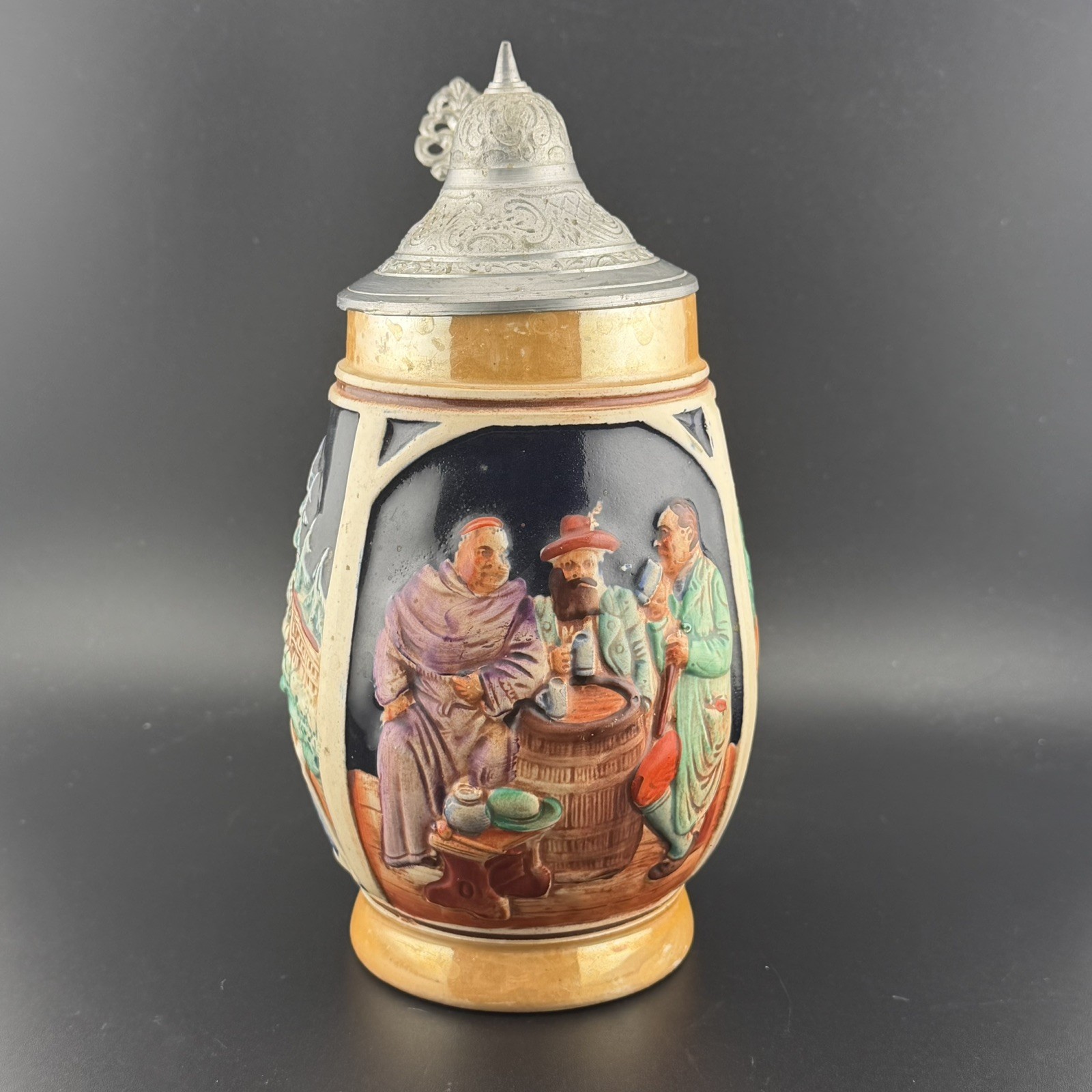 Vintage Western Germany Pewter Lid Beer Stein Mug Monk Tavern Scene 7.75\