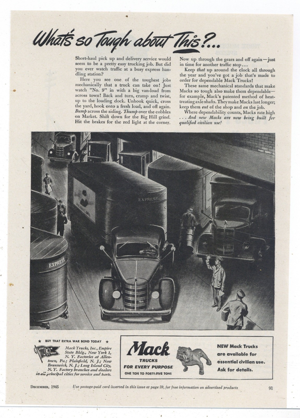 1945 Mack Truck Ad: World War Two Theme - Now Available for Civilian Use