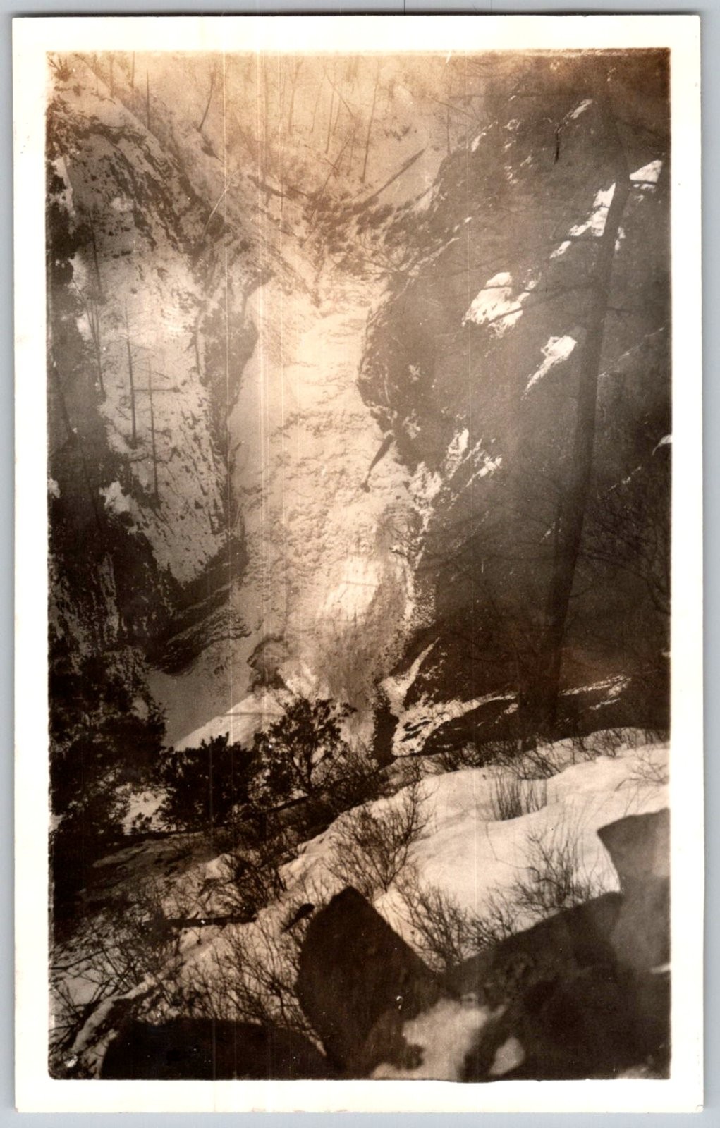 Vtg B&W Snapshot Snowy Winter Mountain Canyon Gorge Waterfall Scenic View 1920s