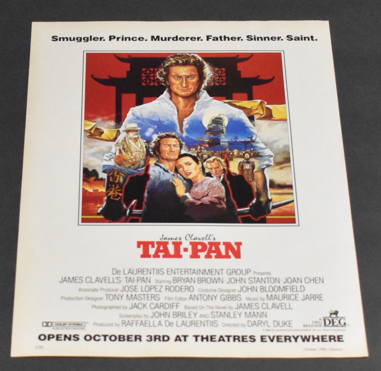 1986 Print Ad James Clavell\'s Tai-Pan Movie Bryan Brown Sinner Saint Smuggler