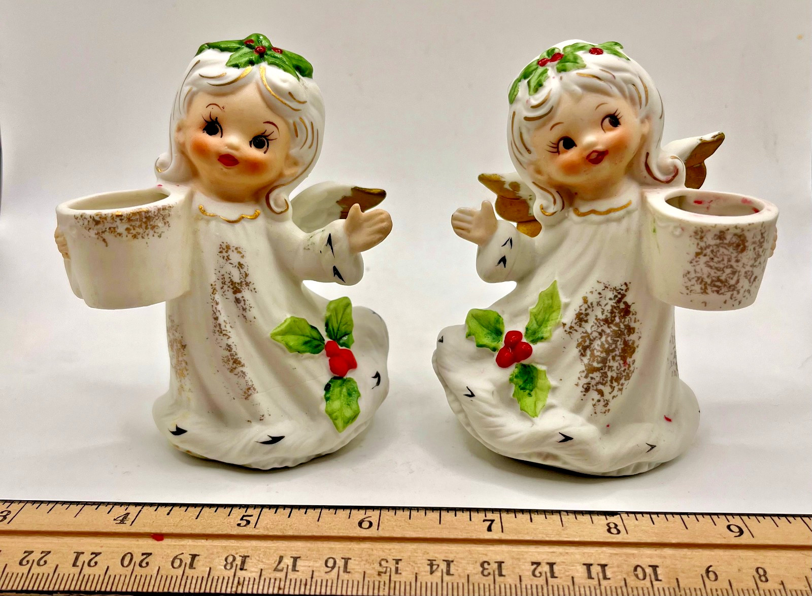 VTG Pair of Christmas Angels Candle Holders, Ceramic, Japan