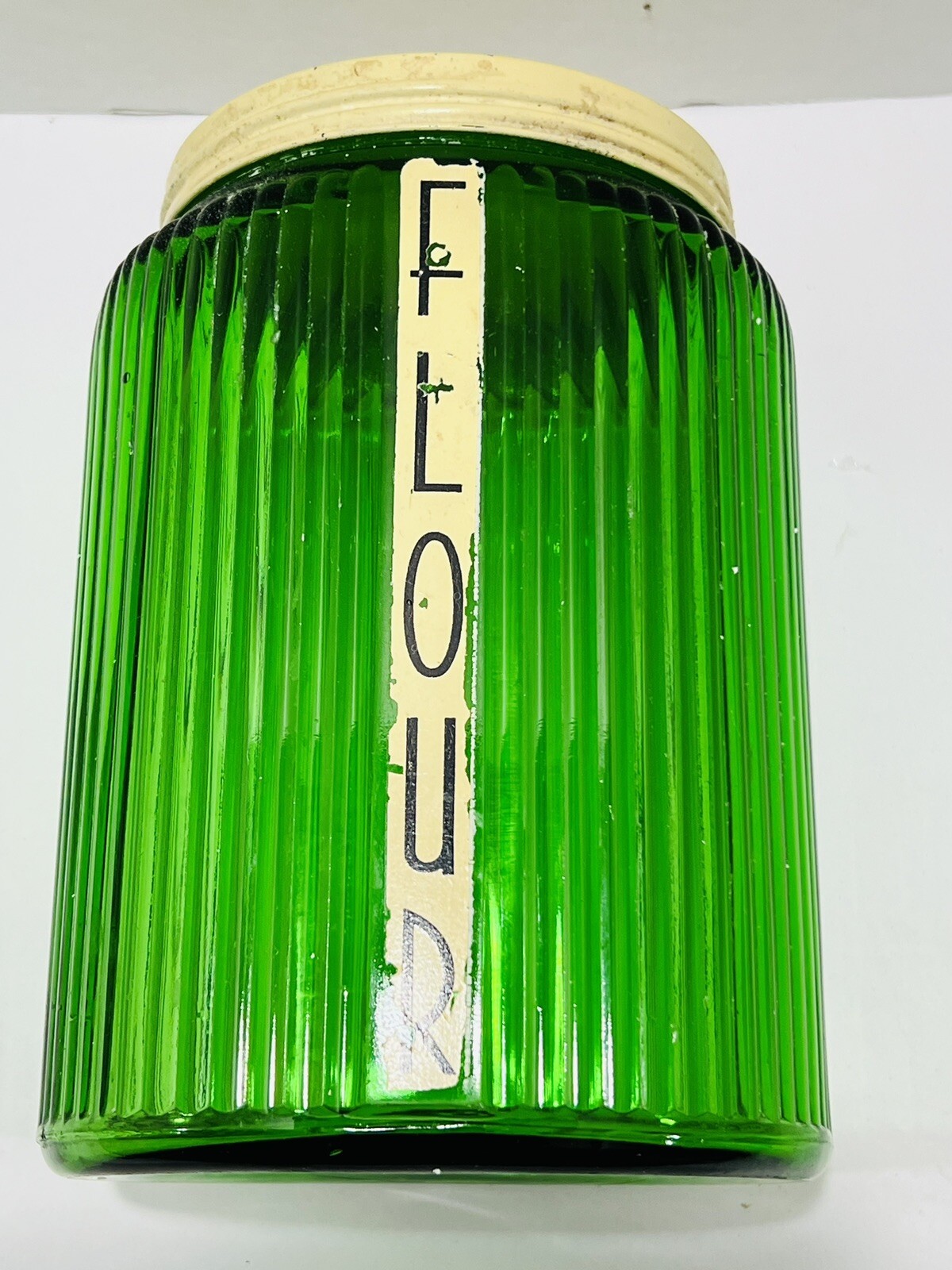 Vintage Original Owens-Illinois  Oval Green Canister Orig. Label ‘Flour’ 8”