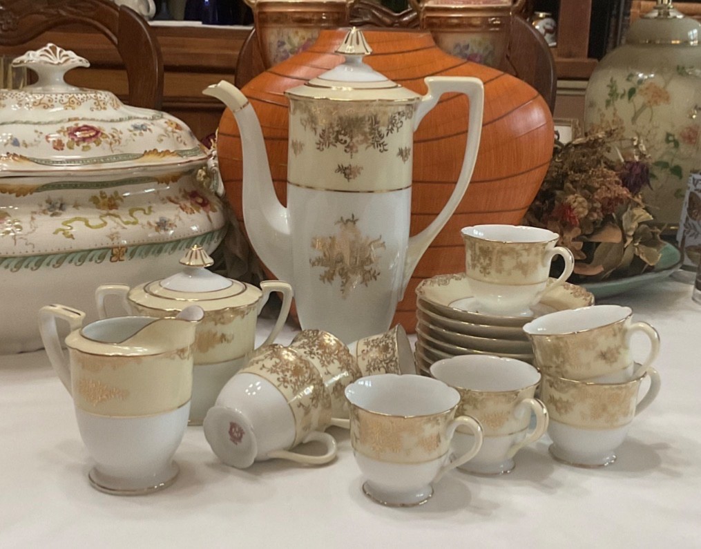 1920s Noritake “M“ Footed Hand Painted Porcelain Chocolate Pot, Demitasse Cupset