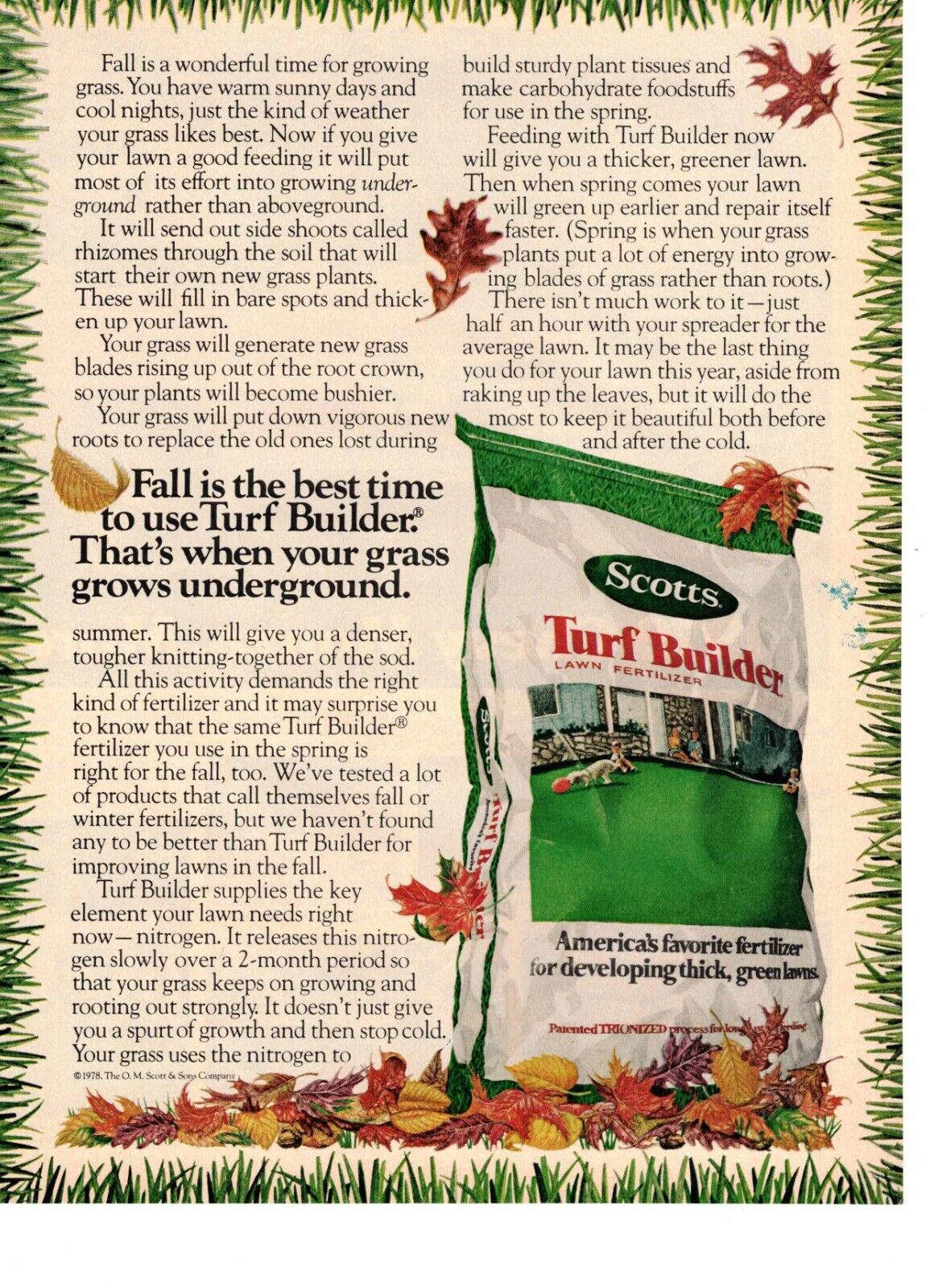 Vtg Print Ad 1978 Scotts Turf Builder Lawn Care Fertilizer Fall Leaves 1